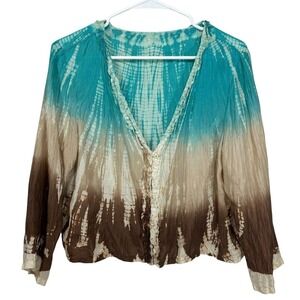 Bohemian Tie Dye Button Up Shirt LARGE Boho Beach Cover Up Vintage Retro Hippie